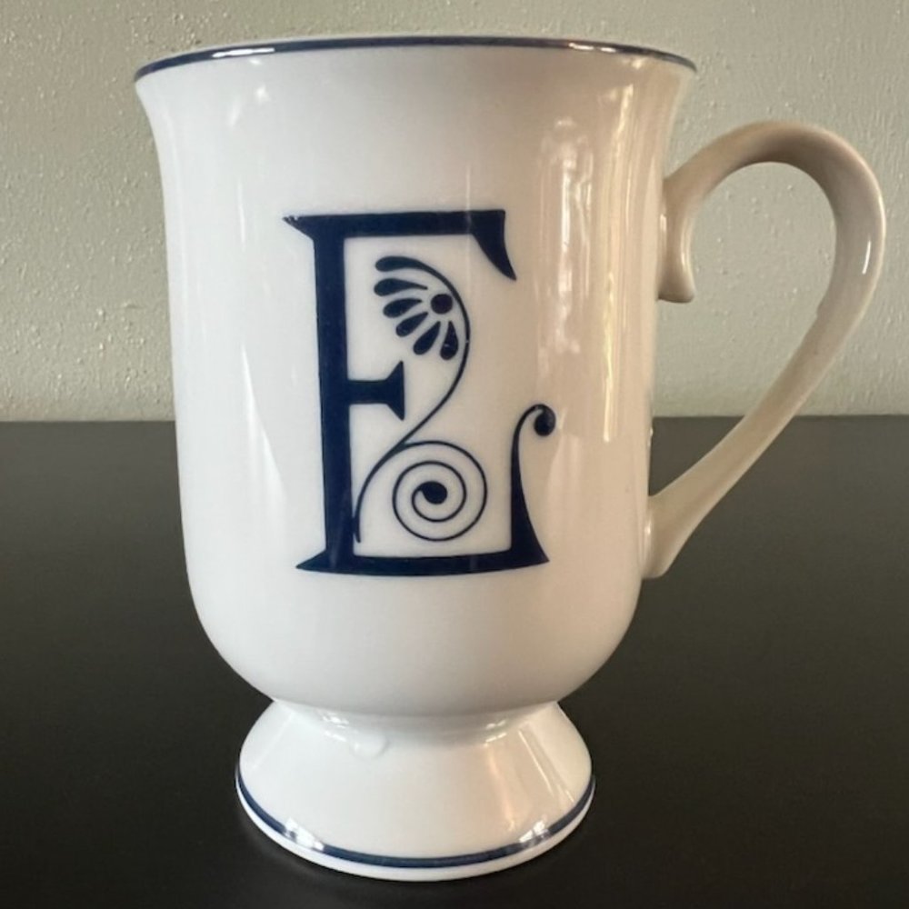GHC Floral Letter E Initial Monogram White Blue Pedestal Coffee Mug Tea Cup Boho